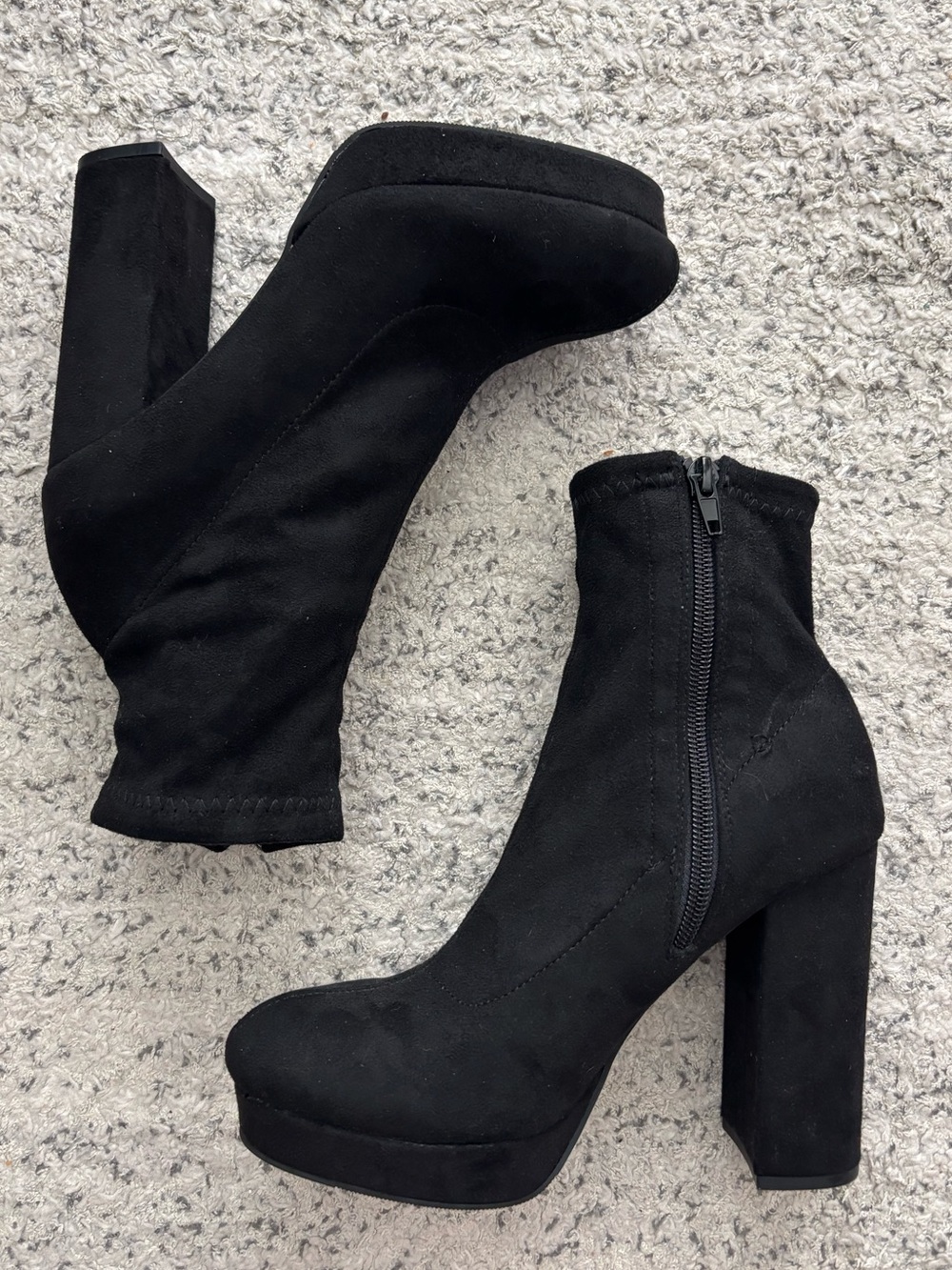Black Faux Suede Platform Sock Booties Size 6 Chunky Block Heel